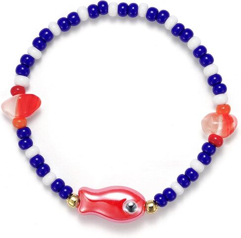 Agromusk Cute Fish Bracelet,14K Gold Blue and White Beaded Bracelet,Natural Stone Summer Beach Bead Bracelet for Women,Handmade Vintage Stretch Bracelet Gifts in Kuwait
