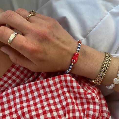 Agromusk Cute Fish Bracelet,14K Gold Blue and White Beaded Bracelet,Natural Stone Summer Beach Bead Bracelet for Women,Handmade Vintage Stretch Bracelet Gifts in Kuwait