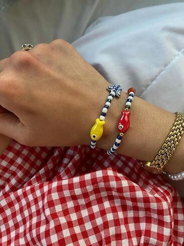 Agromusk Cute Fish Bracelet,14K Gold Blue and White Beaded Bracelet,Natural Stone Summer Beach Bead Bracelet for Women,Handmade Vintage Stretch Bracelet Gifts in Kuwait