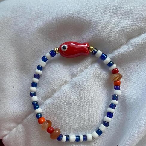 Agromusk Cute Fish Bracelet,14K Gold Blue and White Beaded Bracelet,Natural Stone Summer Beach Bead Bracelet for Women,Handmade Vintage Stretch Bracelet Gifts in Kuwait