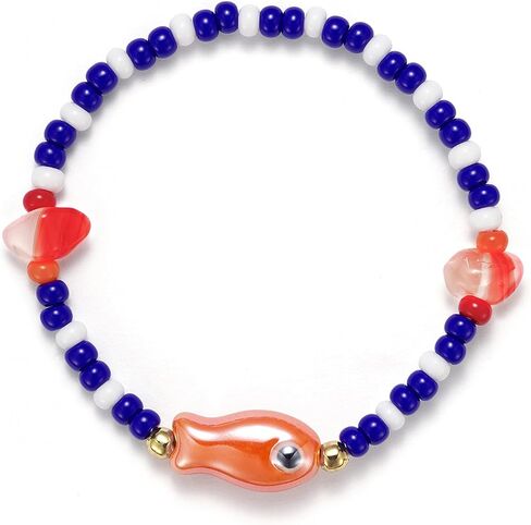 Agromusk Cute Fish Bracelet,14K Gold Blue and White Beaded Bracelet,Natural Stone Summer Beach Bead Bracelet for Women,Handmade Vintage Stretch Bracelet Gifts in Kuwait