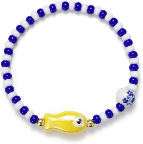 Agromusk Cute Fish Bracelet,14K Gold Blue and White Beaded Bracelet,Natural Stone Summer Beach Bead Bracelet for Women,Handmade Vintage Stretch Bracelet Gifts in Kuwait