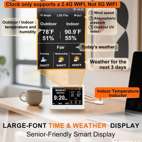 2025 Digital Clock with Weather Forecast & Temperature/Humidity Large Display,Auto Time Sync, Custom Alarms & Medication Reminders, Elderly Memory Loss (Black, 10.1 Inch) in Kuwait