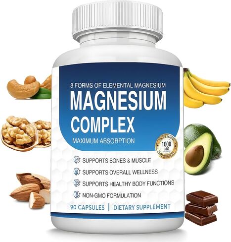 Magnesium Complex Supplement 8 Elemental 1000mg - Citrate, Malate for Easy Absorption for Bones, Muscle, Recovery, Energy, Vegan Non-GMO 90 Capsules A in Saudi Arabia