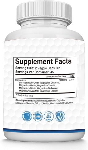 Magnesium Complex Supplement 8 Elemental 1000mg - Citrate, Malate for Easy Absorption for Bones, Muscle, Recovery, Energy, Vegan Non-GMO 90 Capsules A in Saudi Arabia