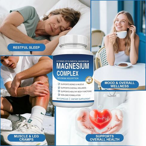 Magnesium Complex Supplement 8 Elemental 1000mg - Citrate, Malate for Easy Absorption for Bones, Muscle, Recovery, Energy, Vegan Non-GMO 90 Capsules A in Saudi Arabia