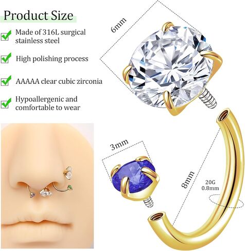6Pcs Horseshoe Nose Ring Hoop Septum Ring, 14K Gold Plated Hypoallergenic 316L Stainless Steel Double Head Cubic Zirconia Cartilage Earrings Hoops Helix Piercing Jewelry for Women 20G in Saudi Arabia