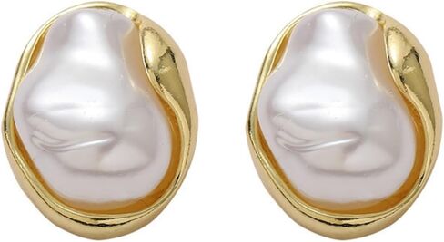 Boho Pearl Statement Earrings for Women Irregular Pearl and Gold Stud Earrings Big Round Freshwater Pearls Bridal Earring Beach Ocean Vacation Jewelry in Saudi Arabia