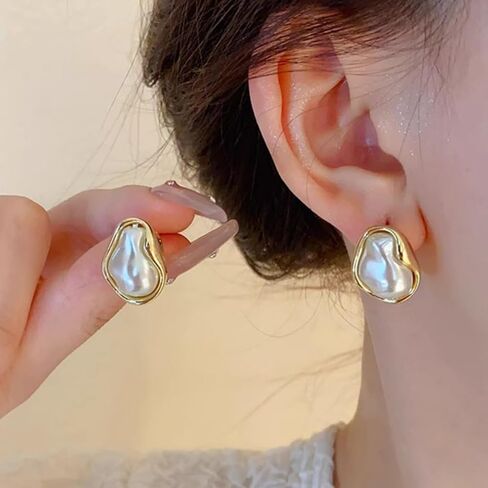 Boho Pearl Statement Earrings for Women Irregular Pearl and Gold Stud Earrings Big Round Freshwater Pearls Bridal Earring Beach Ocean Vacation Jewelry in Saudi Arabia