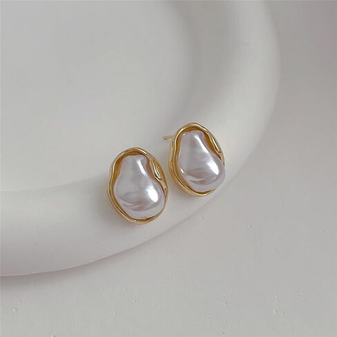 Boho Pearl Statement Earrings for Women Irregular Pearl and Gold Stud Earrings Big Round Freshwater Pearls Bridal Earring Beach Ocean Vacation Jewelry in Saudi Arabia