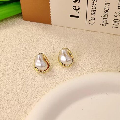 Boho Pearl Statement Earrings for Women Irregular Pearl and Gold Stud Earrings Big Round Freshwater Pearls Bridal Earring Beach Ocean Vacation Jewelry in Saudi Arabia