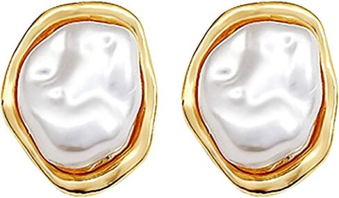 Boho Pearl Statement Earrings for Women Irregular Pearl and Gold Stud Earrings Big Round Freshwater Pearls Bridal Earring Beach Ocean Vacation Jewelry in Saudi Arabia