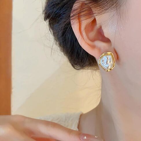 Boho Pearl Statement Earrings for Women Irregular Pearl and Gold Stud Earrings Big Round Freshwater Pearls Bridal Earring Beach Ocean Vacation Jewelry in Saudi Arabia
