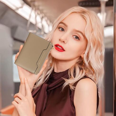 محفظة رفيعة من الجلد الطبيعي للنساء ثنائية الطي/ثلاثية الطي مدمجة مع جيب بسحاب أسود (أخضر) in Kuwait