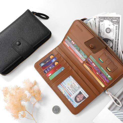 محفظة جلدية للنساء من تيموفو مزودة بتقنية حجب RFID، تحمل 12 بطاقة، وحزام معصم، ومحفظة سفر ذات سعة كبيرة، بيج + بني in Saudi Arabia
