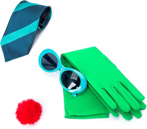4Pcs Green Costume Accessory Striped Tie with Blue Glasses Long Gloves and Pink Pom-Pom Button in Saudi Arabia