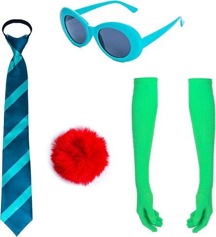 4Pcs Green Costume Accessory Striped Tie with Blue Glasses Long Gloves and Pink Pom-Pom Button in Saudi Arabia