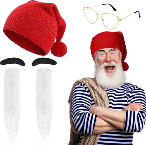 4Pcs Boatswain Costume Accessories Set Including Red Knit Beanie Hat Gold Glasses Eyebrows Mustaches for Halloween Cosplay Party Supplies in Saudi Arabia