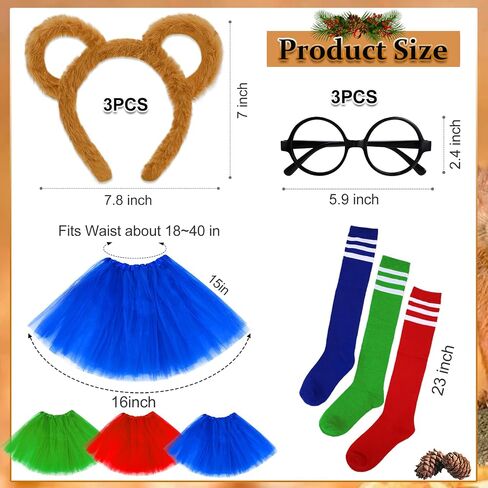 12 Pcs Chipmunk Costume Set,Include 3 Chipmunk Ears Headband 3 Tutu Dress Shirt 3 Black Round Frame Glasses 3 Knee-High Socks for Party Animal Costume Accessories in Saudi Arabia