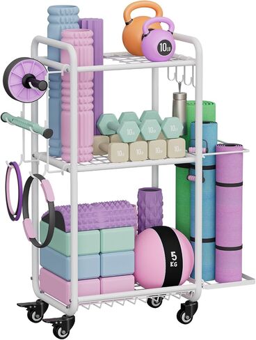 Weight Rack for Home Gym, All in One Yoga Mat Storage Rack, Workout Equipment Storage with Wheels and Hooks for Dumbbells Kettlebells Foam Rollers, Powder Coated Finish Steel in Saudi Arabia