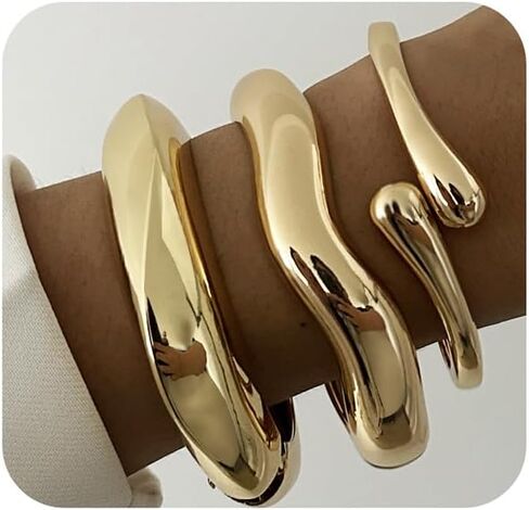 Chunky Gold Bangles Bracelets for Women Gold Cuff Bracelet Set Waterproof Non Tarnish Stack Bracelet for Women Jewelry in Saudi Arabia