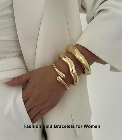 Chunky Gold Bangles Bracelets for Women Gold Cuff Bracelet Set Waterproof Non Tarnish Stack Bracelet for Women Jewelry in Saudi Arabia