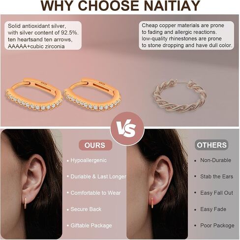 925 Sterling Silver Hoop Earrings for Women Cubic Zirconia Huggie U Hoops Earrings for Women Dainty Fashion Jewelry Geometric Minimalist Rectangle Hypoallergenic Hoops Earring in Saudi Arabia