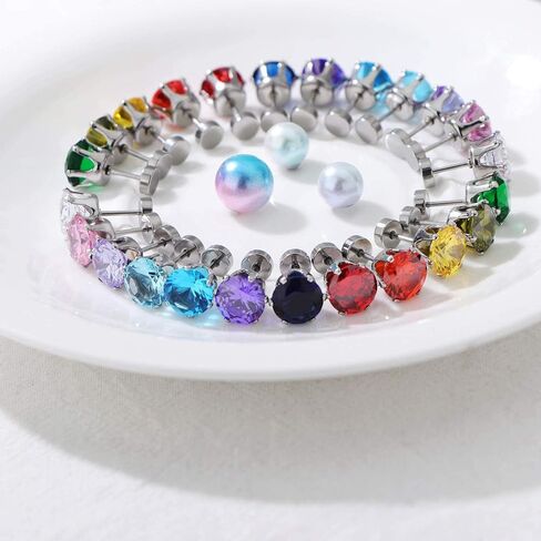 12 Pairs Stud Earrings for Women Men Stainless Steel Colorful Cubic Zirconia Screwback Earrings Set in Saudi Arabia