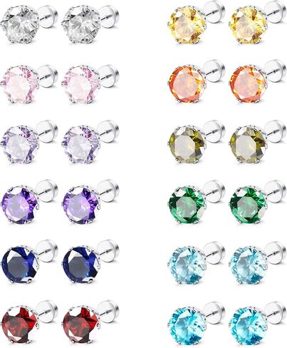12 Pairs Stud Earrings for Women Men Stainless Steel Colorful Cubic Zirconia Screwback Earrings Set in Saudi Arabia