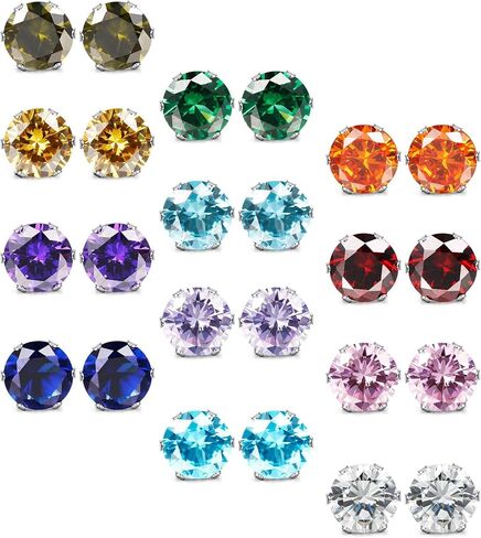 12 Pairs Stud Earrings for Women Men Stainless Steel Colorful Cubic Zirconia Screwback Earrings Set in Saudi Arabia