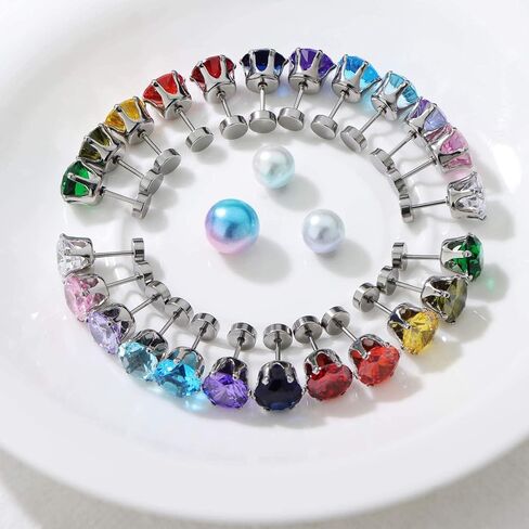 12 Pairs Stud Earrings for Women Men Stainless Steel Colorful Cubic Zirconia Screwback Earrings Set in Saudi Arabia