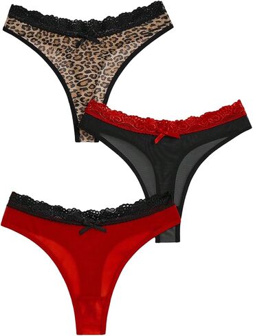 WDIRARA Women's 3 Pack Leopard Lace Trim Briefs Low Rise Panties Underwear in Saudi Arabia