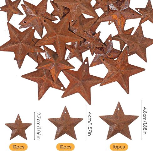 Alrhso 30 Pcs Metal Star for Crafts, Rusty Barn Stars 3D Star Ornaments Antique Rusty Metal Stars Decoration for Vintage Farmhouse Wall Decor Christmas Decoration (3 Sizes, 1", 1.5", 2") in Kuwait