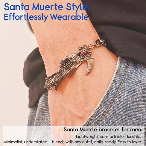 Santa Muerte Protection Bracelet - Mexican Spiritual Charm | Black/Silver | Día de los Muertos Gift for Men Boyfriend Husband Son in Kuwait