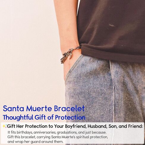 Santa Muerte Protection Bracelet - Mexican Spiritual Charm | Black/Silver | Día de los Muertos Gift for Men Boyfriend Husband Son in Kuwait