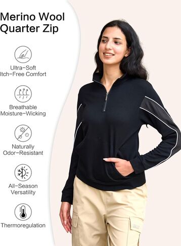 Merino Wool Quarter Zip Pullover for Women for Sport Workout, Thermal Collared Soft Cozy Sweatshirts for Women in Kuwait