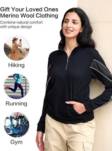 Merino Wool Quarter Zip Pullover for Women for Sport Workout, Thermal Collared Soft Cozy Sweatshirts for Women in Kuwait