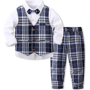 Baby Boys' 4 Piece Gentleman Set with White Shirt,Bowtie,Plaid Vest and Plaid Pants