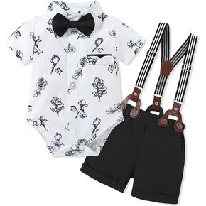 Baby Boy Clothes Suits Summer Spring Dress Short Sleeve Shirt + Bowtie + Suspender Shorts Outfits Sets 6-18M in Kuwait