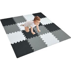 16 Pieces Foam Play Mat with Border, Interlocking Playmat Tiles, Foam Floor Mat Tiles for Kids, Puzzle Play Mat, Exercise Gym Mats – Color of Black & Grey & White