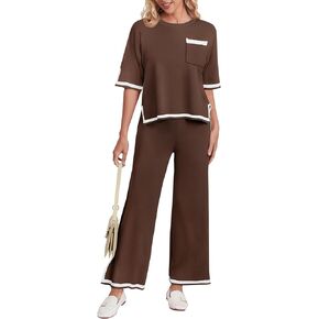 Women 2 Piece Outfits Lounge Sets Short Sleeve Knit Sweater Top Wide Leg Pants Matching Set