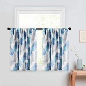 MRTREES Blackout Tier Curtain, Kitchen Tiers Short Cafe Curtains Rod Pocket, Taupe Leaves Printed Triple Weave Bathroom Small Window Panels Treatments Set for Basement(2 Panels, 34x36 Inches, Brown)