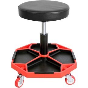 TCE ATRXF8308U Pneumatic Creeper Seat/Padded Adjustable Mechanic Stool with Removable Tool Tray Storage, 300 lb Capacity, Black/Red
