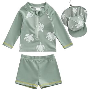 Toddler Baby Boys Swimsuit Set Rash Guard Swimwear Shark Long Sleeve Zip Up Shirt+Shorts+Sunhat Bathing Suit
