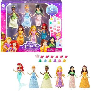 Mattel Disney Princess Small Doll Party Set with 6 Posable Princess Dolls in Sparkling Clothing and 13 Tea Time Accessories