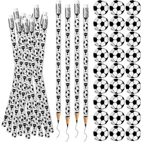 60PCs Soccer Pencils Soccer Erasers for Kids Wooden Pencils for Soccer Themed Birthday Party Favors Students Stationery Party Reward School Office Supplies