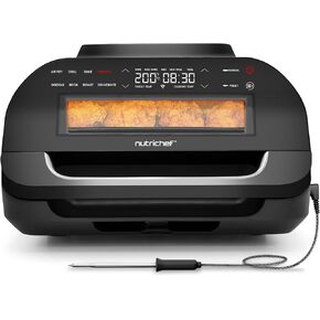 NutriChef Indoor Smokeless Grill | Smart Grill & Air Fryer with 7 Cooking Functions | 6L Capacity | Includes Smart Thermometer | Precise Temperature Control | Non-Stick Removable Grill Plates