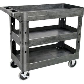 AQNIEGEP 3 Shelf Utility Cart Heavy Duty Rolling Cart with Brake Wheels Storage Service Cart w/Deep Shelves for Warehouse Workshop Cleaning Office Restaurant Commercial Moving 600lbs Capacity Black