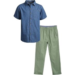 DKNY Boys' Pants Set -2 Piece Woven Short Sleeve Button Down Shirt and Flat Front Pants - Matching Outfit Set for Boys (8-12)