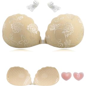 Adhesive Bra Push up Strapless Sticky Invisible Upgrade Lace Bras for Women Dress Backless with Detachable Strap Nipple Cover